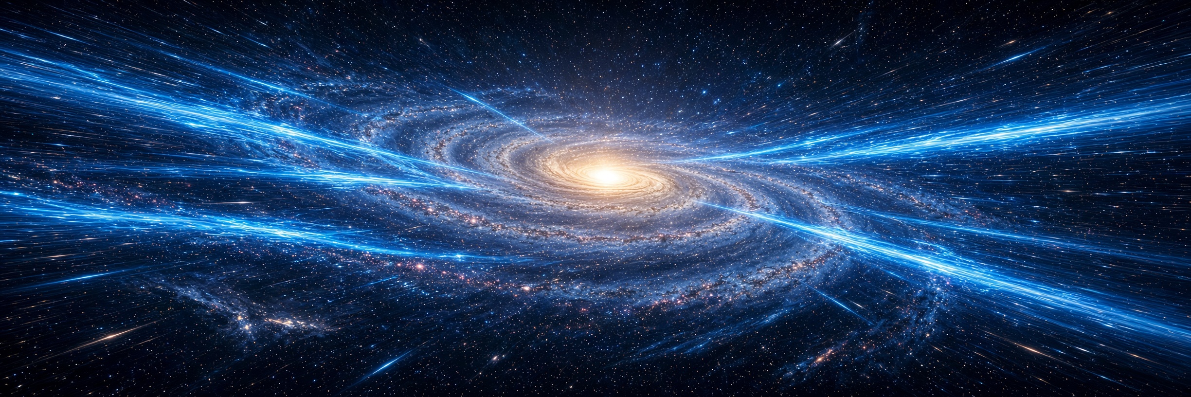 Kardashev Accelerationism banner, an electric beam crossing deep space into a golden galactic core